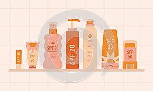 Sunscreen cosmetics one a shelf. Skin care.