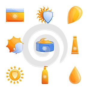 Sunscreen cream icon set, cartoon style