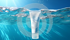 Sunscreen cream tube mockup in blue clear water background. Skin protection lotion blank template white tube in swimming pool copy