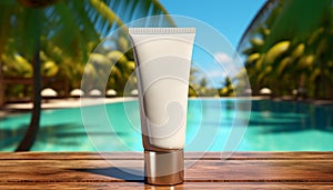 Sunscreen cream tube mockup on summer resort background. Skin protection lotion blank template white tube near swimming pool copy