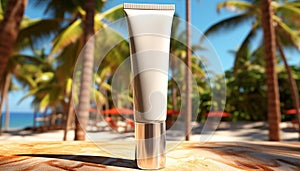 Sunscreen cream tube mockup on summer resort background. Skin protection lotion blank template white tube near swimming pool copy