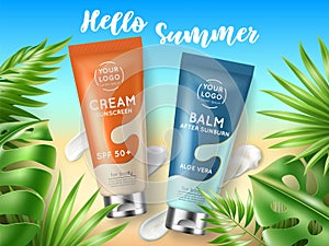 Sunscreen creams. Summer cosmetic advertising banner. Product presentation. Sunblock moisturizer, skincare cream tube