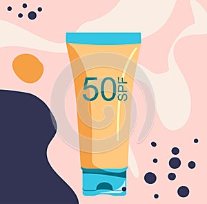Sunscreen gel or block cream, tanning oil in plastic tube.Abstract background with UV cosmetics for dermis protecting. photo