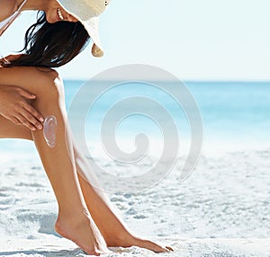 Sunscreen, legs and happy woman on beach with skincare, sand and mockup on summer holiday in Bali. Hat, sun and girl on