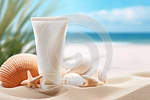 Sunscreen lotion, sea shells and starfish on sandy beach. Summer beach, vacation concept
