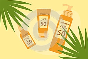 Sunscreen Palm Leaves sand. Marketing Banner. Protective Sunscreen Cream, SPF 50. Various Tubes summer cosmetics. Care
