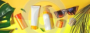 Sunscreen. Prevention of photoaging. Flat lay, natural cosmetics SPF for face, body. Concept summer vacation. Banner photo