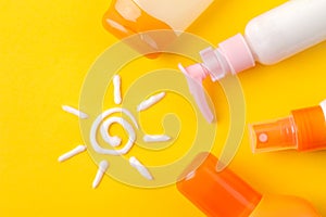 Sunscreen remedy. various sunscreens and sun cream on a bright yellow background. Sun protection. Ultraviolet protection. Summer.