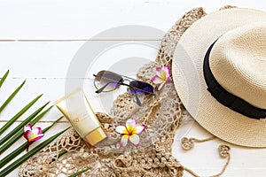Sunscreen spf50  cosmetics health care for skin face with crochet ,flowers frangipani ,sunglasses ,hat and coconut leaf of lifesty