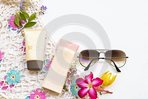 Sunscreen spf50 health care for skin face with body lotion, sunglasses and knitting of lifestyle woman