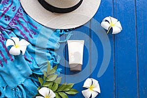 Sunscreen spf50 and accesories of lifestyle woman