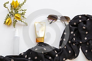 Sunscreen spf50, collagen water spray  cosmetics health care for skin face with sunglasses, black scarf