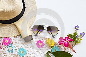 Sunscreen spf50 health care for skin face with sunglasses, hat and knitting of lifestyle woman