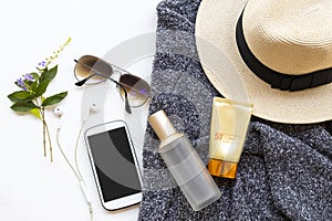 Sunscreen spf50 ,toners serum therapy cosmetics health care for skin face with knitting wool sweater ,sunglasses ,mobile