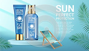 Sunscreen spray and cream set with watery slpashing liquid on light blue background in 3d illustration. Green tropical
