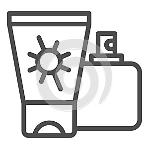 Sunscreen and spray line icon, Aquapark concept, Sun cream containers sign on white background, Sun protection cream and