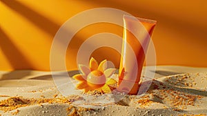 Sunscreen and a sun figurine on the sea sand