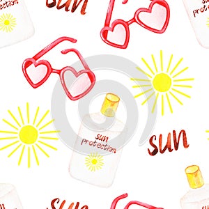 Sunscreen and sunglasses. Seamless pattern. Watercolor illustration. Isolated on a white background.