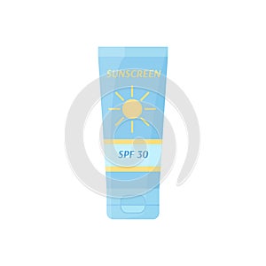 Sunscreen tube isolated. Sun cream in package. Protection of skin in summer from solar ultraviolet light. Flat vector illustration