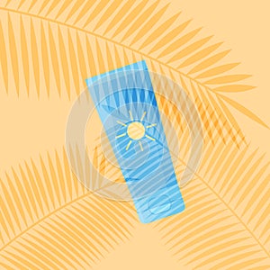 Sunscreen tube and palm leaves. Summer skin care. Palm leaf shadows design. Sun cream in package. Flat vector illustration on