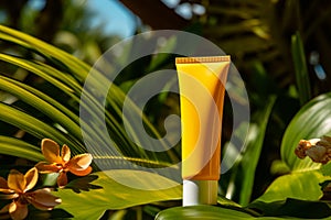 Sunscreen Tube Among Tropical Foliage Symbolizing Summer Skin Protection. Generative AI