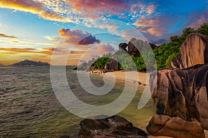 Sunset above Anse Source D'argent beach at the La Digue Island, Seychelles