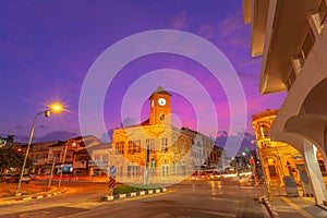 Beautiful sunset behind the antique building in Phuket