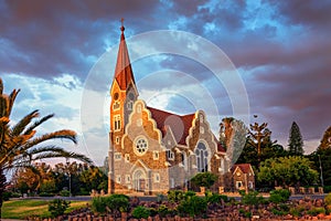 Sunset above Christchurch, a historic lutheran church in Windhoek, Namibia