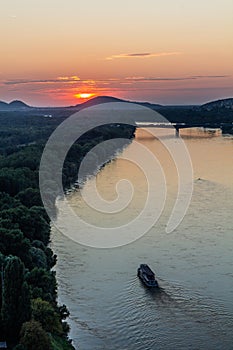 Sunset above Danube river in Bratislava, Slovak