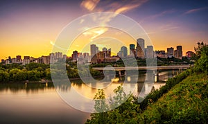 Sunset above Edmonton downtown and the Saskatchewan River, Canada photo