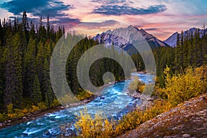 Sunset above Evelyn Creek and Colin Range in Jasper National Park, Canada