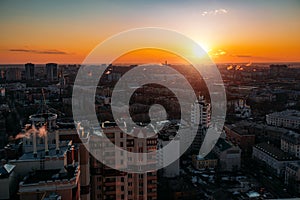 Sunset above evening Voronezh. Aerial view to residential area