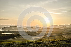 Sunset above forests and villages of the Liptov region in Slovakia