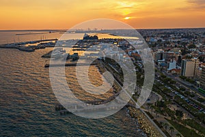 Sunset above Limassol, aerial panorama. Travel to Cyprus and mediterranean vacation concept