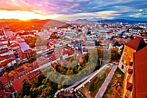 Sunset above Ljubljana aerial view