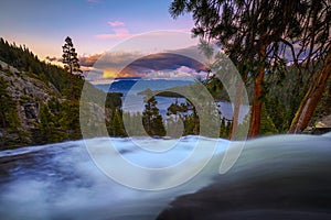 Sunset above Lower Eagle Falls and Emerald Bay, Lake Tahoe, California