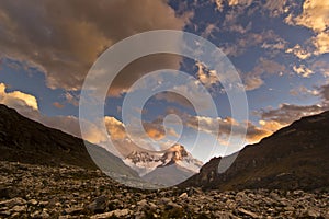 Sunset above mountain Huascaran in Peru