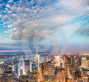 Sunset above New York City - Midtown Manhattan aerial view
