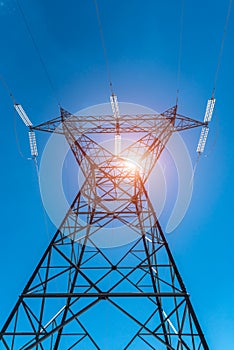 Sunset above the powerline and the blue clear sky