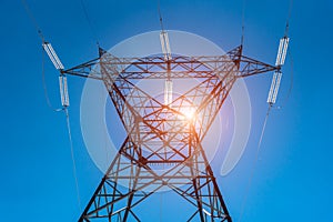 Sunset above the powerline and the blue clear sky