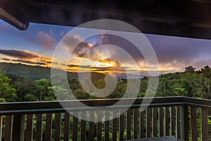 Sunset above Rainforest of Lamington National Park seen from Viewing Platform, Queensland, Australia