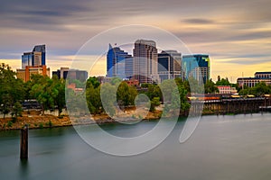 Sunset above Sacramento skyline and Sacramento River