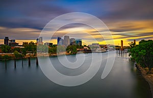 Sunset above Sacramento skyline, Sacramento River and Tower Bridge in California