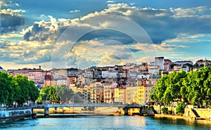 Sunset above the Saone river in Lyon, France