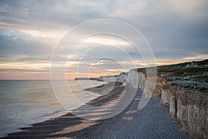 Sunset above Seven Sisters chalk cliffs east sussex england uk.