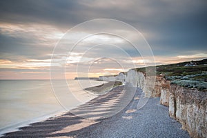 Sunset above Seven Sisters chalk cliffs east sussex england uk.