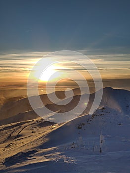 Sunset above ski slope in Slovakia tatra mountains