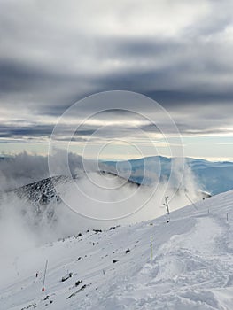 Sunset above ski slope in Slovakia tatra mountains