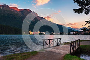 Sunset above St. Moritz with lake and Swiss Alps in Switzerland