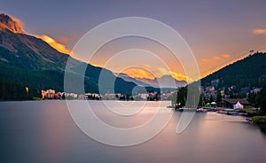 Sunset above St. Moritz with lake and Swiss Alps in Switzerland